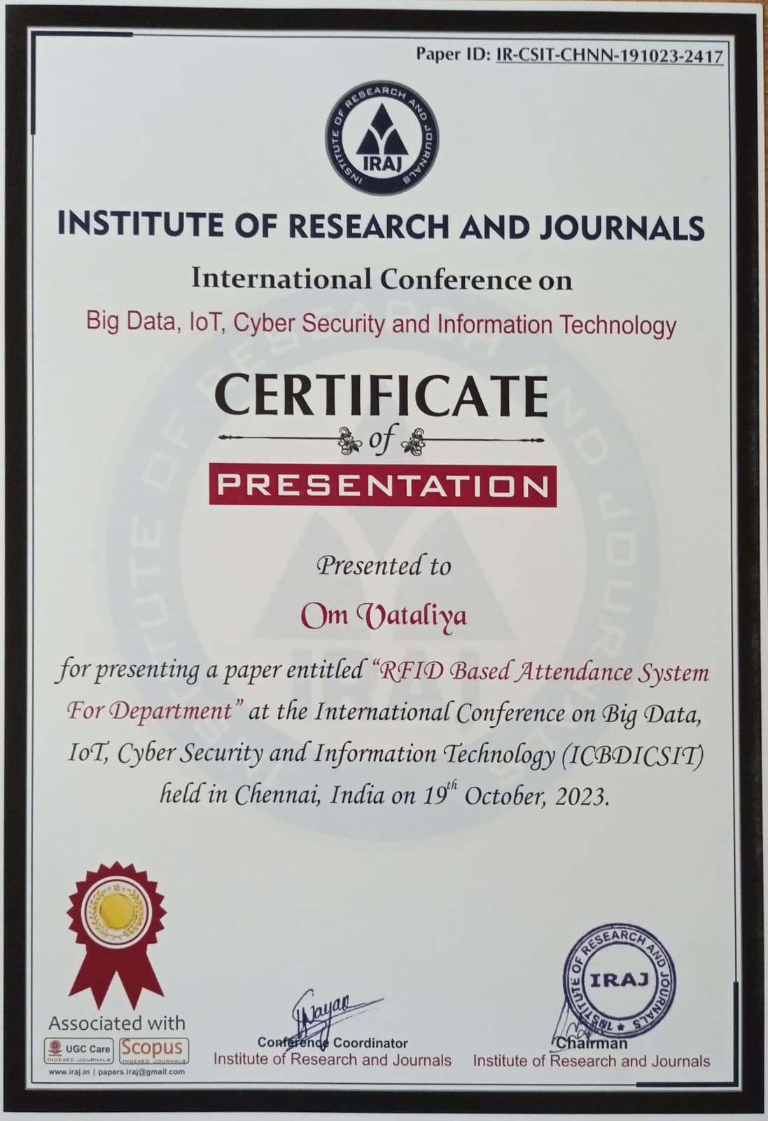 Certificate of Presentation